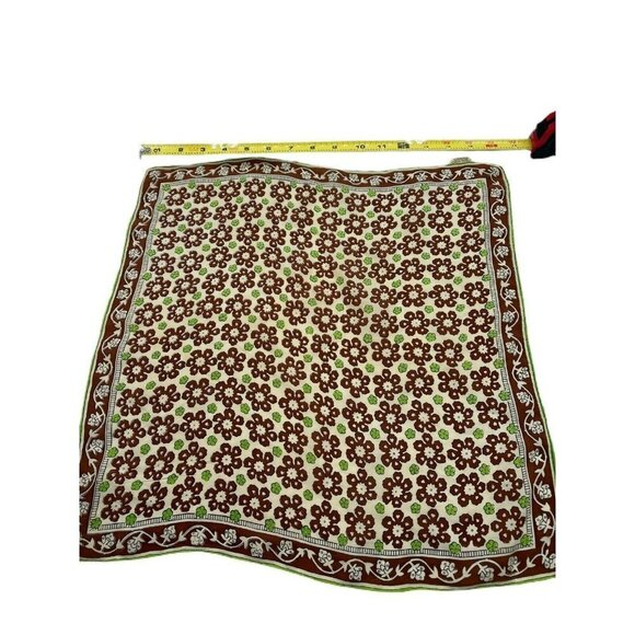 Vintage Silk Hand Rolled Green & Brown Handkerchief Floral - Picture 2 of 3